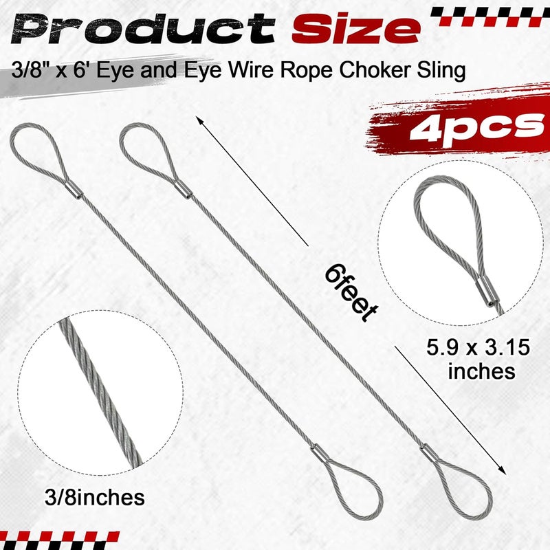 Pelopy 4 Pack Wire Rope & Sling 3/8" x 6' Eye and Eye Wire Rope Choker Sling Mechanically Spliced Rigging Lifting Equipment for Industrial Rigging and Lifting, 4400 lb/ 2 t - Image 2